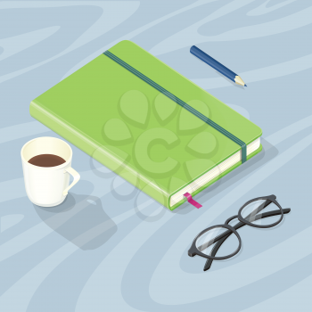 Office accessory set. Top view of desk with note book, glasses, pen and cup of coffee. Personal accessories of businessman. Flat design modern concept of creative office workplace. Vector illustration