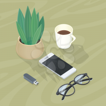 Office accessory set. Top view of desk with mobile phone, glasses, cup of coffee, plant, flash drive. Personal accessories. Flat design concept of creative office workplace. Vector illustration