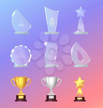 Glass and metal sports trophies and cups vector illustrations isolated on background set. Competition award. Prize for victory. Symbol of leadership. For business, sport, concepts