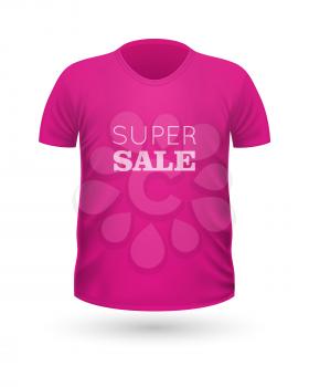 Super sale t-shirt. Front view pink t-shirt isolated on white. Realistic t-shirt vector in flat style. For sellers, cashiers casual wear during sales. Cotton unisex polo outfit. Fashionable apparel