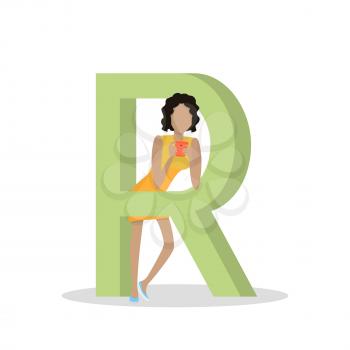 R letter and girl standing and playing on tablet, chatting or reading isolated. Social network. Alphabet with cartoon pictures of people using modern computer technologies. Flat design. ABC vector