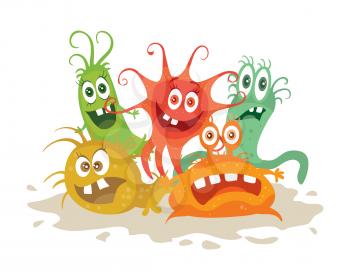 Set of cartoon monsters. Funny smiling germs. Character with big eyes. Microorganism bacterias with tooth, hands, open mouth. Vector funny illustration in flat design. Friendly viruses. Microbe faces