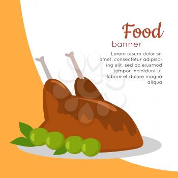Food banner. Grilled delicious meat Junk unhealthy food. Consumption of high calories nourishment food. Food that leads to overweight. Part of series of promotion healthy diet and good fit. Vector