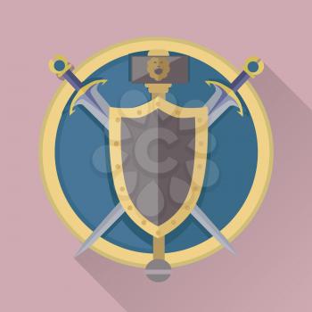Cartoon game swords with shadow in golden circle. Medieval knife and board. Weapon symbols. War concept. For computer games, mobile appliances. Part of series of game objects in flat design. Vector