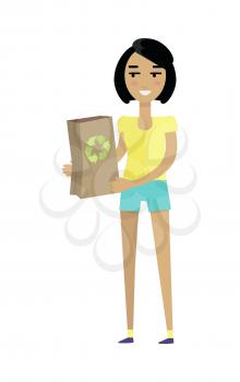 Young european woman in yellow t-shirt and blue shorts with paper bag. Caucasian beautiful girl. Attractive teenager lady in casual clothes. Part of series of people of the world. Vector illustration