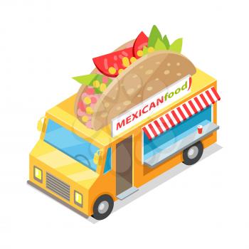 Mexican food eatery on wheels icon. Car van with tacos on roof isometric vector isolated on white background. 3d mobile cafe with bright signboard. National cuisine. For cafe, snack bar ad, apps