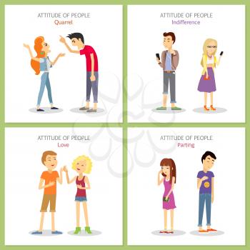 Attitude of people. Quarrel. Indifference. Love. Parting. Phlegmatic, sanguine, choleric, melancholic temperament of teenagers. Couple man and woman in different emotional states. Vector illustration