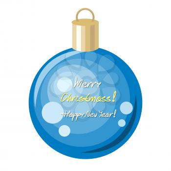 Merry Christmas and Happy New Year concept. Christmas blue ornament decoration ball made of glass, metal, wood, or ceramics used to festoon Christmas tree. Flat design. Winter holidays symbol. Vector