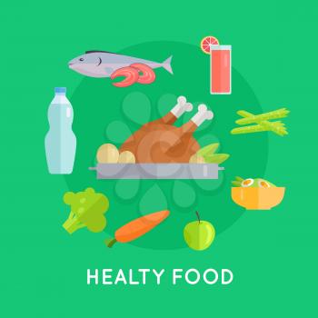 Healthy food vector concept in flat style. Chicken, fish, carrot, apple, asparagus, beverage, broccoli, salad illustrations for restaurant, shop, food delivery services ad, prints logo menu design