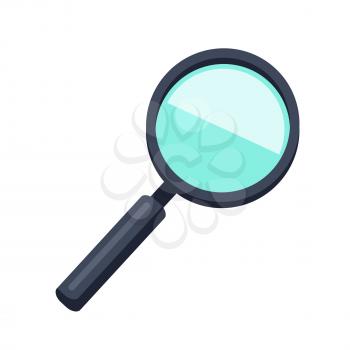 Magnifying glass icon. Loupe with blue glass and black handle. Search tool. Research tool. Business concept. Flat pictogram symbol. Isolated vector illustration on white background.