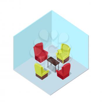 Apartment vector in isometric projection. Room interior with furniture, table and armchairs. Illustration for app icons, infographic, web and games environment design. Isolated on white background