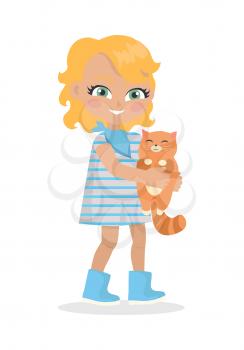 Girl holds small cat in her hands isolated on white. Little girl has leisure time. School girl during break. Young lady at playground, playing with toy kitten. Favourite toy. Daily activity. Vector