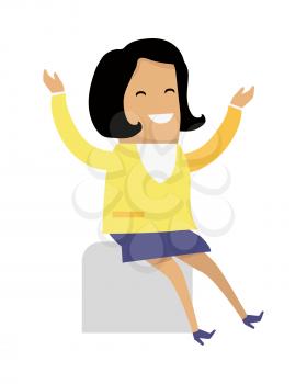 Woman sitting with hands up. Smiling girl find sollution for problem. Successful idea banner. Satisfied woman with results brainstorm isolated on white. Happy lady solved trouble. Vector illustration