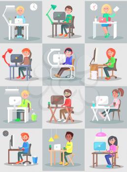 Man and woman work in office at the computer set. Worker at computer concept vector in flat design. Businessman sit at table and working on laptop. Office routine, business in internet, daily tasks