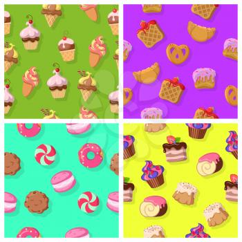 Croissants, wafers, pretzel with poppy and cupcakes, round cake, cake with flowing chocolate cream, chocolate swiss roll, chocolate biscuit, macaroon, caramel candy seamless pattern set. Vector