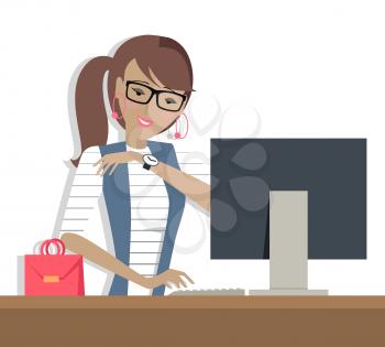 Young woman works on his desktop in office, sitting at desk, looking at computer monitor screen. Young woman in glasses personage. Vector illustration in flat design isolated on white background