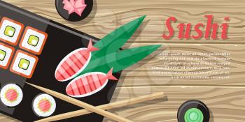 Japanese food illustration web banner. Japan sushi with wasabi and ginger. Restaurant asian food, rice and seafood, fish sushi, asia dinner, fresh sushi and chopstick, oriental lunch logo. Vector