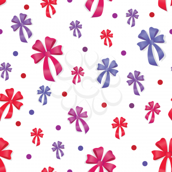 Seamless pattern with bows isolated on white. Pussy color bright bowknots endless texture. Gift knots of ribbon in flat style design. Overwhelming bow decorative elements Vector cartoon illustration