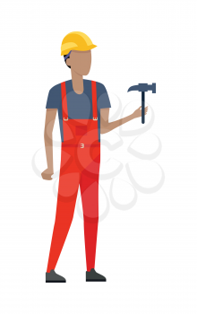 Cartoon man wearing red special clothes, yellow helmet and dark blue t-shirt. Male person holding in one hand metal hammer. Builder worker. Simple style. Flat design. Vector illustration