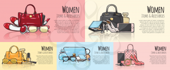 Women items and accessories. Set of Illustrations. Purses, phones, high-heeled shoes, round watch with belt, car key, mascara, perfumes, eyeshadows. Fashionable female objects. Cartoon style Vector
