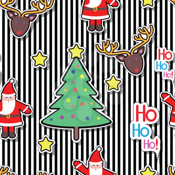 Santa Clause, deer, tree decorated with ball and star seamless pattern on striped background. Christmas elements in cartoon style. New Year. Wallpaper design endless texture. Fabric textile. Vector
