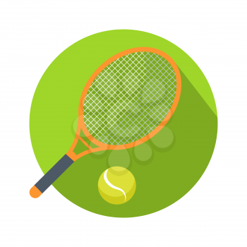 Racket and ball icon logo for tennis web button. Isolated on white background illustration with shadow. Hobby activity sport game, combinated equipment racquet and ball symbol for tennis. Vector
