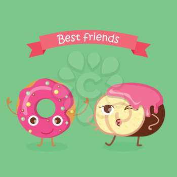 Best Friends. Doughnut with pink sprinkles. Sweets. Simple cartoon design. Colourful small balls. Chocolate swiss roll with pink topping. Rosy cream flowing on round bun. Cartoon style. Vector