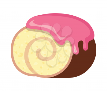 Chocolate swiss roll with pink topping. Rosy cream flowing on round bun. Fresh confectionery concept. Piece of cut roll in simple cartoon style. Light yellow center. Side view. Flat design. Vector