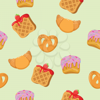 Seamless pattern with croissants, wafers, pretzel with poppy and cupcakes. Endless texture with delicious sweets. Wallpaper design with fresh confectionery. Tasty bakery. Vector in flat style design