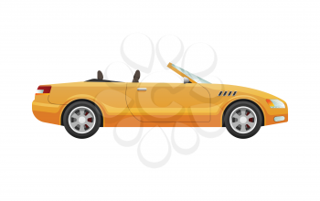Transport. Picture of isolated yellow cabriolet. Fast mean of transportation. Four-wheeled auto in simple cartoon design. Without roof. Two doors. Side view. Front and back headlights. Vector