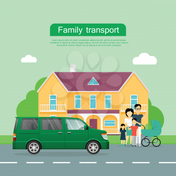 Family transport banner. Big family with children standing near house and minivan flat vector illustrations. Buying new car for family needs. Spacious minibus. For car dealer landing page design   
