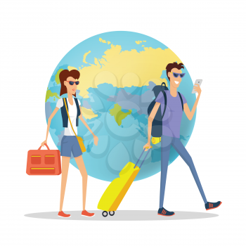People on vacation concept. Young couple in sunglasses with backpacks, suitcases walking around word globe flat vector illustration on white background. Round the world journey. For travel company ad