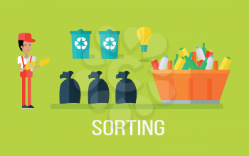 Garbage sorting concept. Man sorting garbage. Waste recycling concept. Sorting process different types of waste. Garbage destroying. Website design template. Vector illustration in flat style design