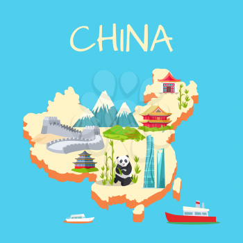 China with its traditional elements signs on blue background. Vector illustration of panda near bamboo sticks, high mountains, great wall of China, extraordinary buildings on island and ships on water
