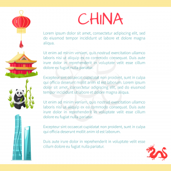 China card with text information and small elements. Vector illustration of little round hanging lamp ball, symbolic building, panda between bamboo sticks, high skyscraper, red dragon and text