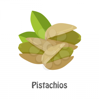 Illustration of pistachios nuts. Ripe pistachios nuts with leaves in flat. Several pistachio nuts, close up. Healthy vegetarian food. Isolated vector illustration on white background.