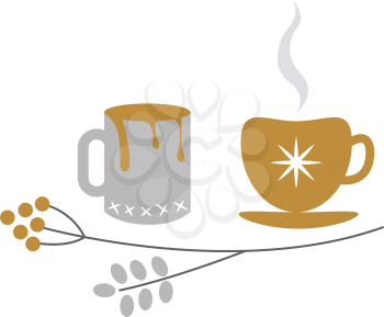 Silver and golden xmas decorated tea and coffee cups with hot drink inside and branch with round fetuses near. Vector illustration of traditional things to warm up and brighten mood in cartoon style