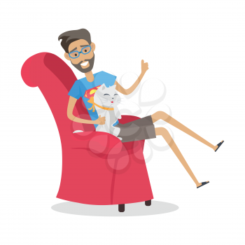 Playing with pet vector illustration in flat style design. Smiling man seating in armchair with cute cat on hands illustration. Resting at home. Father day relaxing. Isolated on white background.