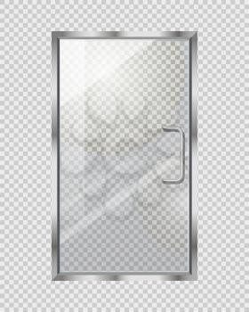 Transparent door isolated on grey checkered background. Vector illustration of isolated clear glass door with long doorhandle. Mock up decorative object of shops, boutiques for entrance and exit