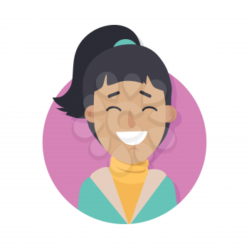 Woman face emotive icon. Smiling cute brunet female character flat vector illustration isolated on white. Happy human psychological portrait. Positive emotions user avatar. For app, web design