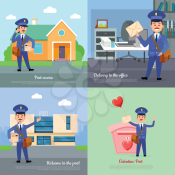 Post service of delivery to the office. Welcome Valentine post. Set of postman character vector courier occupation carrier. House, office box. Cartoon style. Flat design. Vector