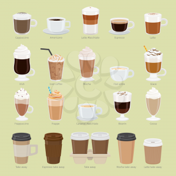 Set of coffee types and packages. Coffee menu vector illustration. Preparation of beverages. Collection of glasses with cappuccino, latte, espresso, americano, mocha, frappuccino. Take away. Vector