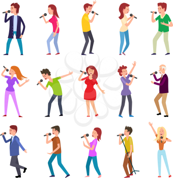 Singing characters isolated on white. Man and woman entertain by singing. Famous pop singers. Karaoke concept. People set with microphones. Popular rock singer singing songs. Vector illustration