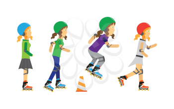 Roller skaters vector. Female characters in helmet, elbow, knee protection riding on roller skates. Sports equipment flat illustration. Summer fun and entertainments. For sport concepts, web design