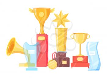 Award cup, statuette and souvenir prize vector illustration set isolated on white. Gold and glass contest or competition winning trophy and medal.