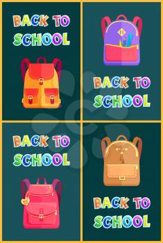 Back to school goods poster. Vector schoolbags with big and small pockets and partitions, ruler and pen supplies and gurlie handbag with trinket.