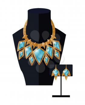 Jewelry set necklace precious blue stones on black mannequin and earrings, expensive accessory item isolated on white. Gold chain with aquamarines vector