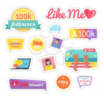 Like me social networks button, laptop stickers set vector. Photo of feet of blogger, profile with hearts and number of followers. Virtual popularity