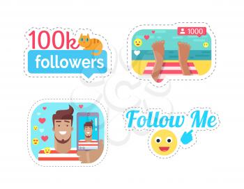 Follow blogger streaming with smartphone beach vacation vector. Emojis and smileys, followers and fame. Reactions of users watching man translation