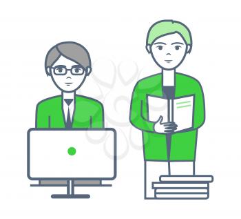 Male with employee working on projects together vector. Person reading results written in documents papers. Paperwork and statistics data and info
